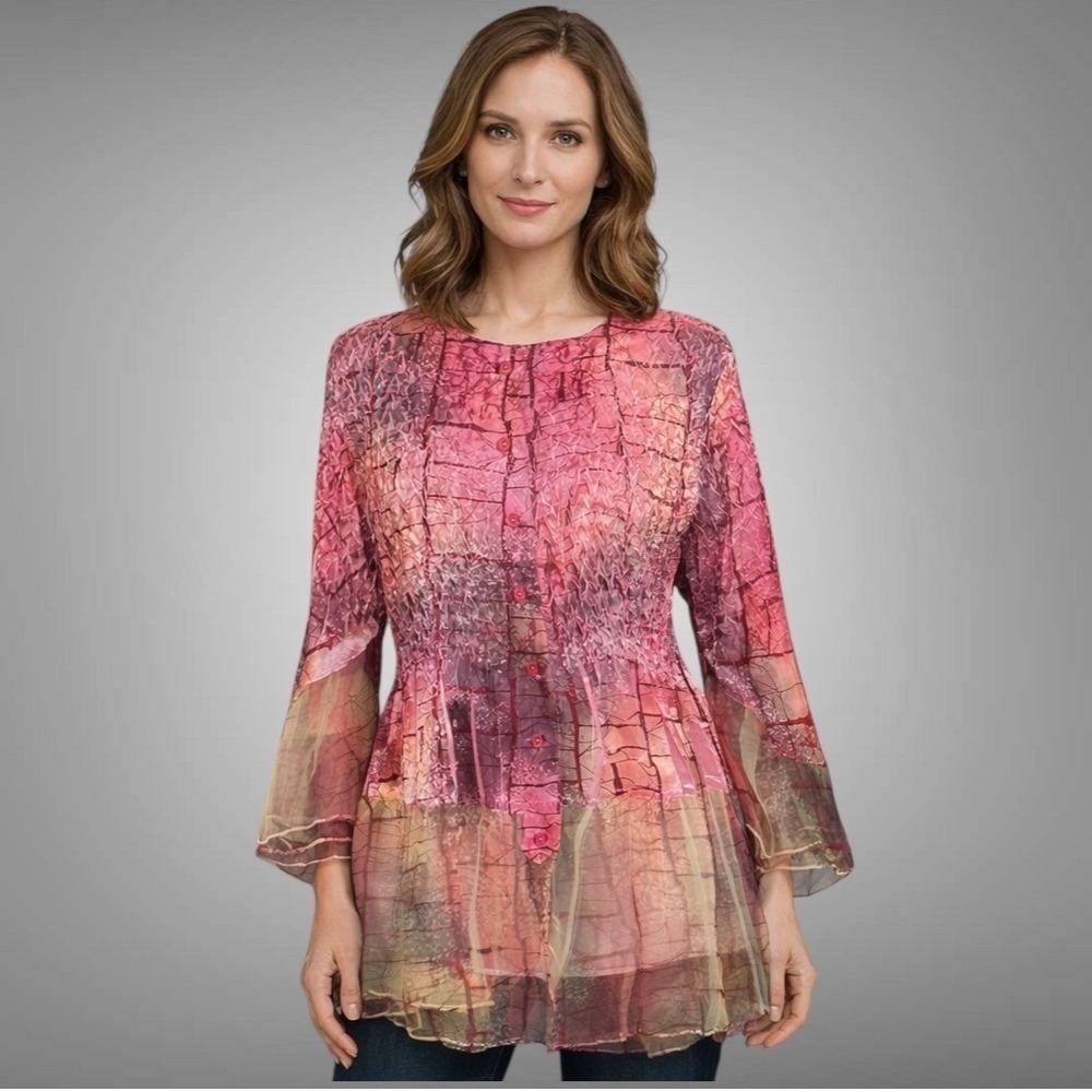 Jerry T Womens Top L Pink Colorful Crinkle Abstract Smocked Tunic Boho‎ Artsy
